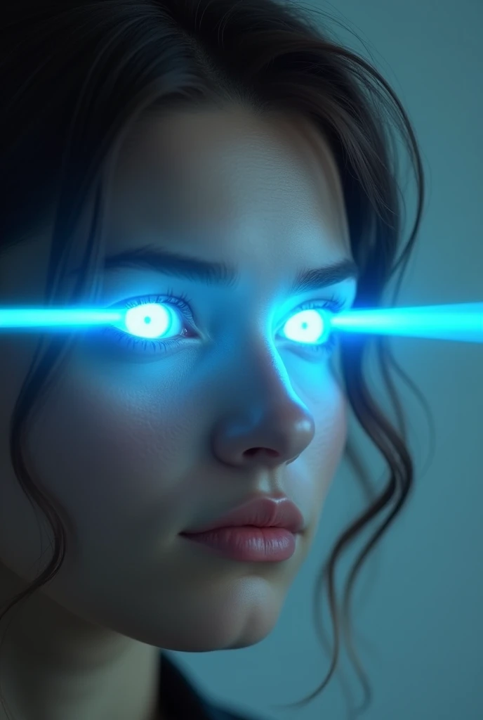 A close-up shot of a persons face, with a bright, glowing blue laser beam for eyes. The rest of their face remains normal, with subtle facial expressions and reactions, but their eyes are transformed into piercing, futuristic laser beams that seem to be sc...