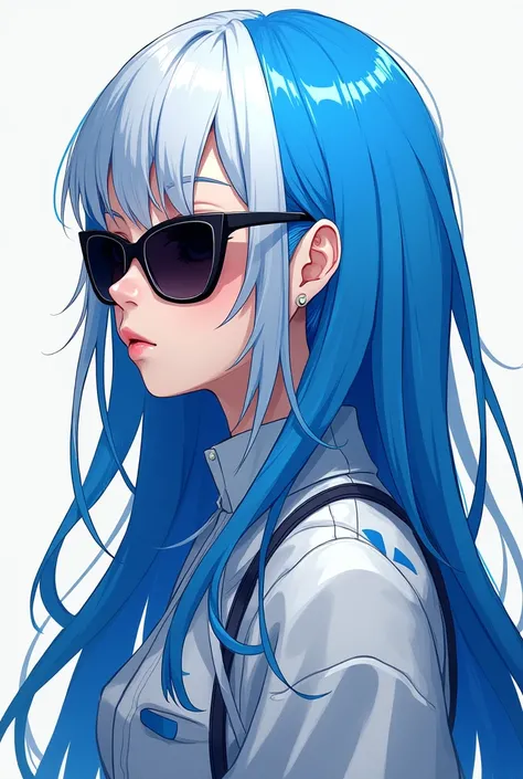 Anime girl wearing sunglasses, blue and white hair with alternating colors and patterns
