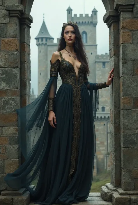 Arafed woman in a medieval dress standing on a stone building., medieval style, beautiful lady, Lara Croft Medieval, beautiful woman, medieval princess, como personaje de medieval fantasy, seductive hypnotist woman, dressed in medieval clothing, medieval f...