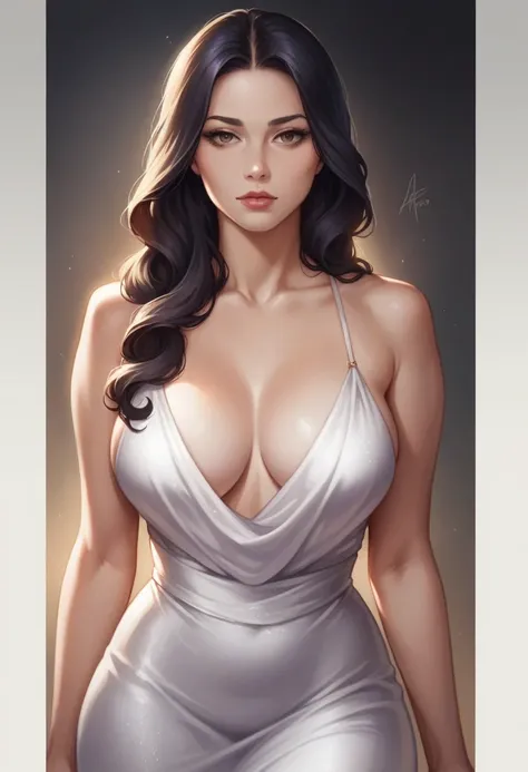 a beautiful woman with voluptuous curves, seductive eyes staring directly at the viewer, wearing a low-cut dress revealing her ample cleavage, flawless skin, long flowing hair, sensual expression, dramatic lighting, photorealistic, high quality, cinematic,...