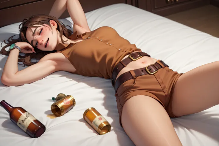 Sexy Cowgirl,Brown sleeveless collared cowgirl shirt,Denim hot pants,Western belt with holster,Western Boots,Watch on wrist,Navel exposed,Drunk,Hiccups,Above the knee shot,Lying in bed,Ultra-high resolution,16K