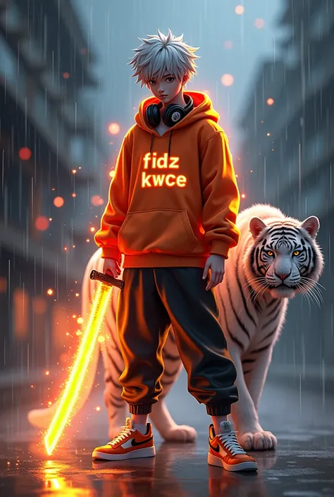 Anime male 18 years old wearing an orange hoodie with writing "FIDZ KWCE" on the chest, Hoodie Has a glowing fire effect, wearing sneakers, White hair, Headphones around the neck, Holding a glowing fire katana, 1 White tiger on the side, Rainy night atmosp...