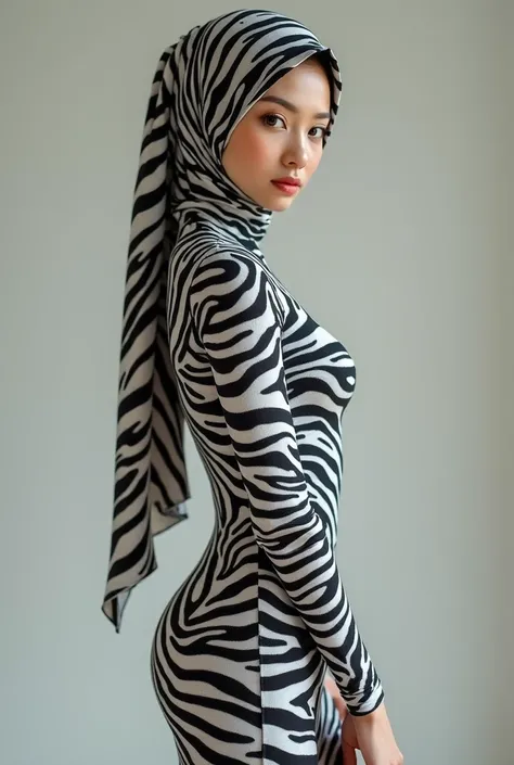 A most beautiful and thin 22 years old Asian muslimah girl wears zebra print Lycra turtleneck unitard catsuit covered with zebra stripes.She always wear zebra Lycra dancewear hijab.She has beautiful cheeks on her face.