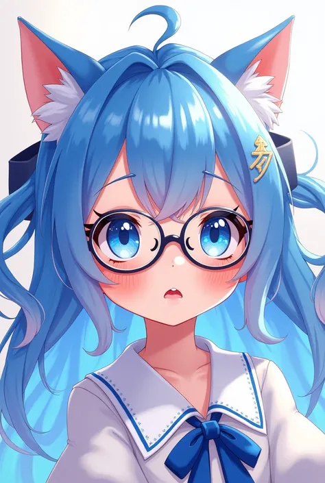 Anime girl with glasses, blue and white hair with alternating colors and cute patterns
