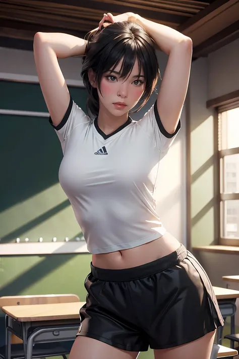 1 girl, ภาพช็อตของ re4ashley, about sports, black , white shirt, classroom, volumetric light, best quality, masterpiece, complic...