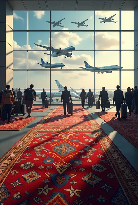 Airport with airplanes view filled with rugs