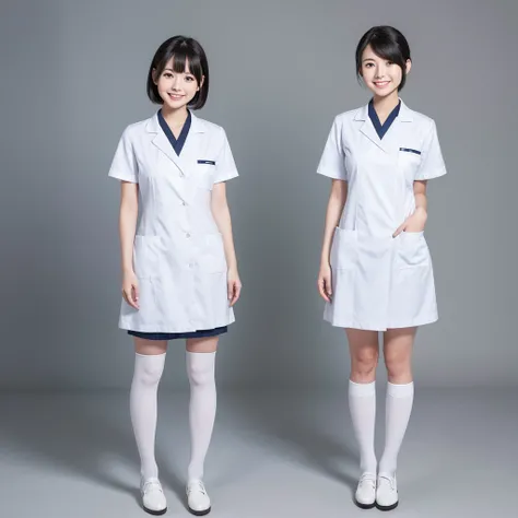 White knee-high socks、Nurse uniform、White pumps、Japanese women、whole body、Black Hair、short hair、Standing posture、smile、 High resolution, Gaze, Anatomically correct, Highest quality、20-year-old