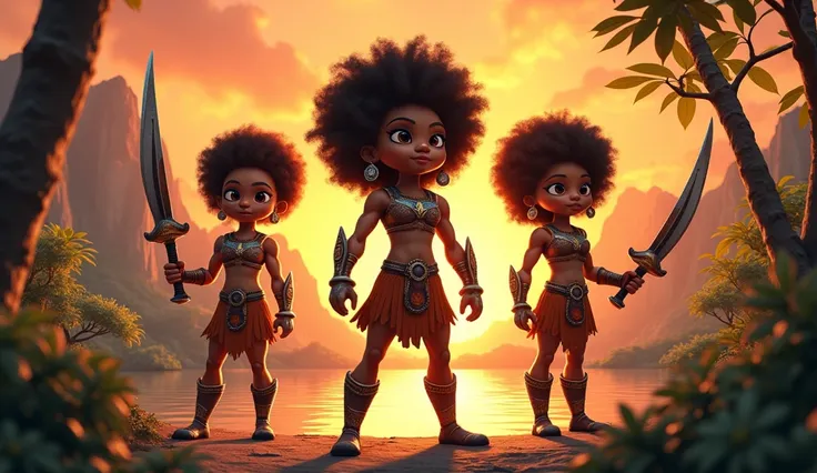 Generate me an image of three 3d cartoon afro warrior characters by a river at sunset