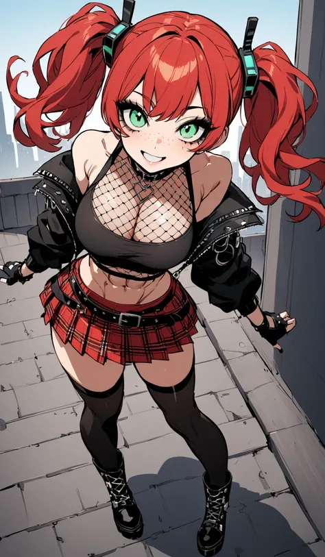 woman, grin, curly red hair in pig tails, green eyes, black eyeshadow, wearing crop top black shirt, long black jacket, red plaid skirt, black knee high boots, black fingerless gloves, exposed shoulders, large breasts, freckles, abs, cleavage, looking up a...