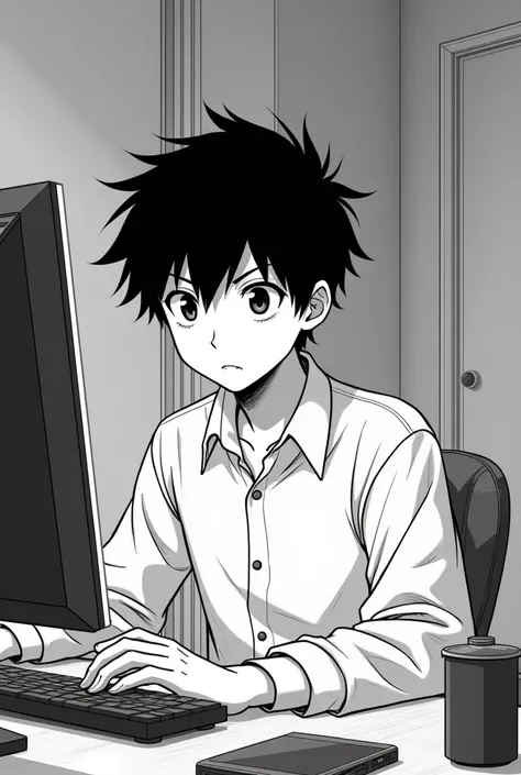 handsome fifteen year old boy with very thick black hair in manga style (black and white style) he plays on the computer in his room