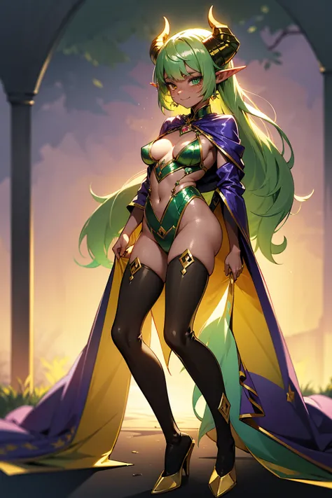 prismatic coloration, holographic environment, young African-American girl, Black skin, Beautiful, elven ears, Serious expression, Gentle smile, ponytails, leaf green hair, Heterochromia with deep green & Gold eyes, C-cup, lithe, fit, Modest-attire, full-b...