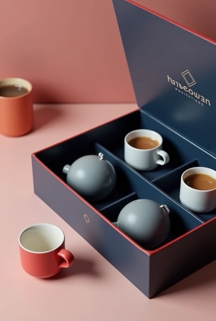 create me a coffee cup set box, with 4 units of 80 ML cups each, the box needs to be dark blue with red and white , the line will be "diamond", get inspired by the boxes of cups and products from "house power". I want it to be a cleaner box, For everyday l...