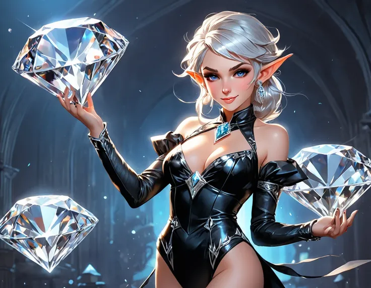 a picture of an elf thief holding an epic diamond in a vault, a female elf thief, full body, small pointy ears, dynamic hair color, dynamic hair style, pale skin, ultra detailed face, wearing black leather leotard, busty, small cleavage, high heel boots, s...