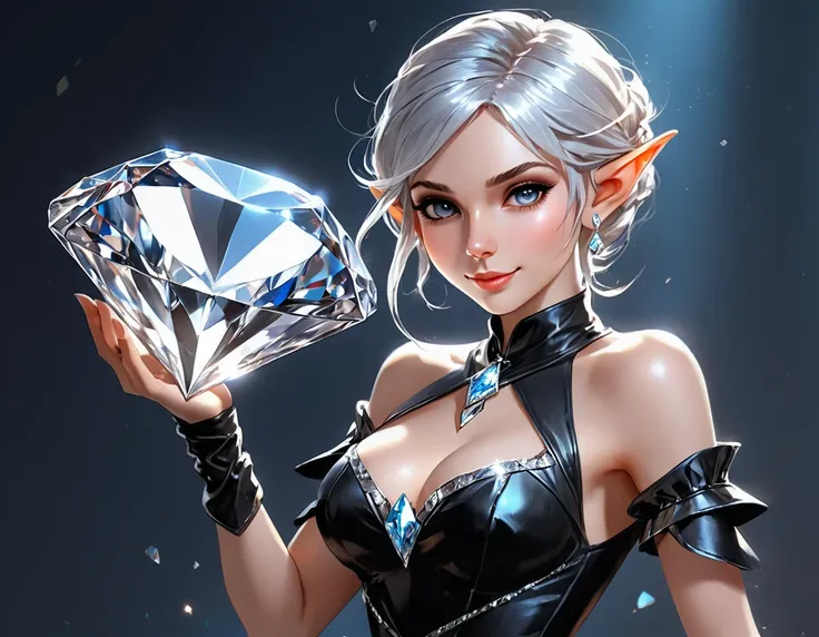 a picture of an elf thief holding an epic diamond in a vault, a female elf thief, full body, small pointy ears, dynamic hair color, dynamic hair style, pale skin, ultra detailed face, wearing black leather leotard, busty, small cleavage, high heel boots, s...