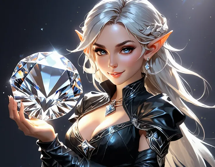 a picture of an elf thief holding an epic diamond in a vault, a female elf thief, full body, small pointy ears, dynamic hair color, dynamic hair style, pale skin, ultra detailed face, wearing black leather leotard, busty, small cleavage, high heel boots, s...