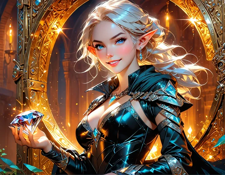 a picture of an elf thief holding an epic diamond in a vault, a female elf thief, full body, small pointy ears, dynamic hair color, dynamic hair style, pale skin, ultra detailed face, wearing black leather leotard, busty, small cleavage, high heel boots, s...