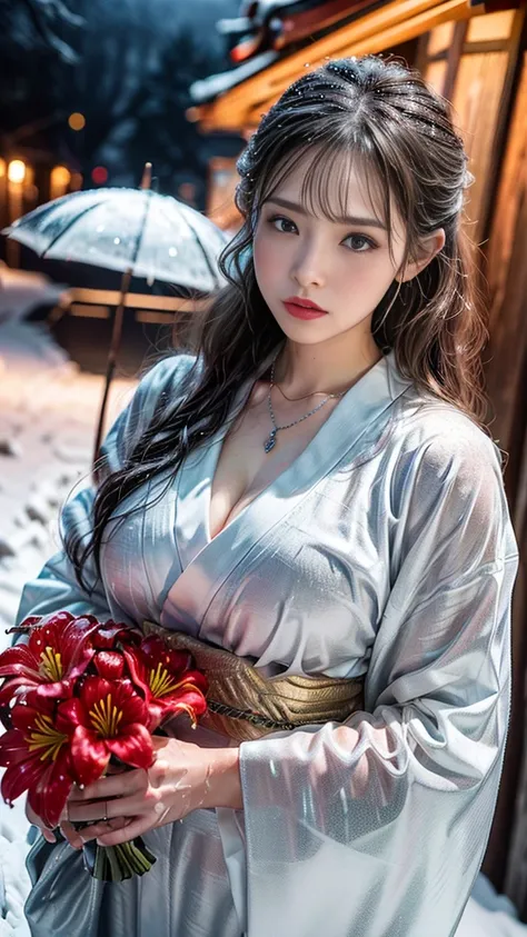 (RAW shooting, Photoreal:1.5, 8K, highest quality, masterpiece, ultra high resolution), ((((heavy snow, Blizzard)))), Highly detailed skin and facial textures:1.3, perfect dynamic composition:1.2, (In front of a shrine at night in a modern city, expression...