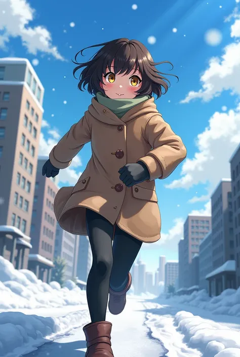 Dark brown hair，Short and delicate hair，By Bangs，Yellow eyes，cute，Teenage Girl，Winter Clothing，Background City，Blue sky and white clouds，run