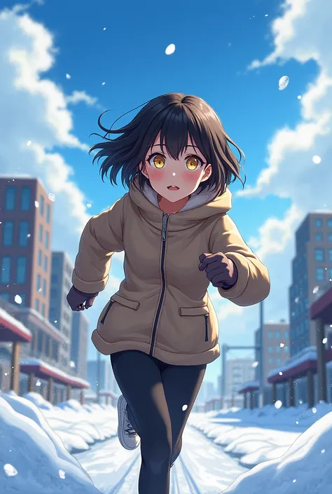 Dark brown hair，Short and delicate hair，By Bangs，Yellow eyes，cute，Teenage Girl，Winter Clothing，Background City，Blue sky and white clouds，run