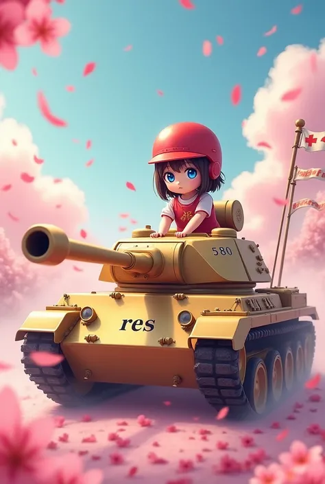 Cherry blossom petals fluttering, (((In the undulating pink and light blue clouds))), (A golden tank with the word RES written on it), Cute girl riding a tank, On the right#Has 580 flags, Wear a red helmet, Staring straight at you with bright light blue ey...