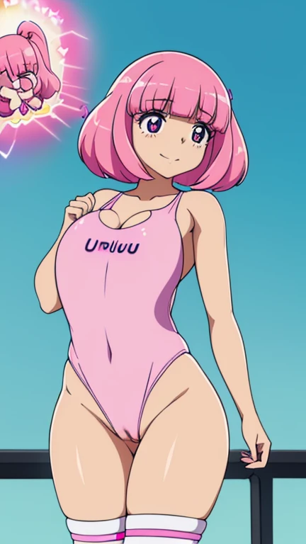 (8k、Ultra-high resolution、Highest quality、Ultra-high resolution、Official Art:1.5,Official Art),(Watching the audience), alone, smile, ((Pink Knee Socks)),(Browsing Caution), (Beautiful big boobs: 1.2) (Pussy), (((Very thick thighs))),Wide Hips, Beautiful t...