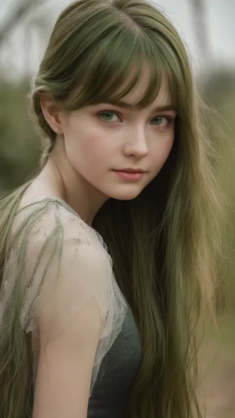 a girl, detailed face, oval face, delicate facial features, beautiful detailed eyes, long straight green hair, messy hair, bangs, green eyes, pensive, melancholic, ethereal, innocent, smiling, (best quality,4k,8k,highres,masterpiece:1.2),ultra-detailed,(re...