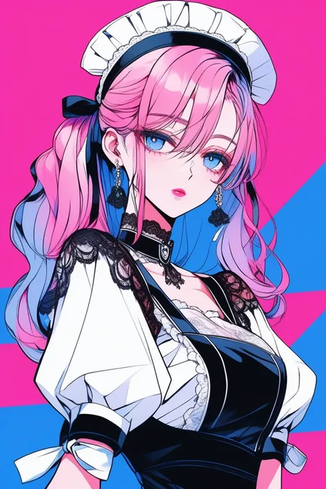 Illustrator, anime , Realistic ,sketch , 1 person, model, Age 25, lip, Sexy and revealing black lace maid outfit,  order, Blue and pink gradient background, Neon Hair, Big Breasts, Her cleavage is visible, look back, Upper body close-up, Sexy look, Texture...