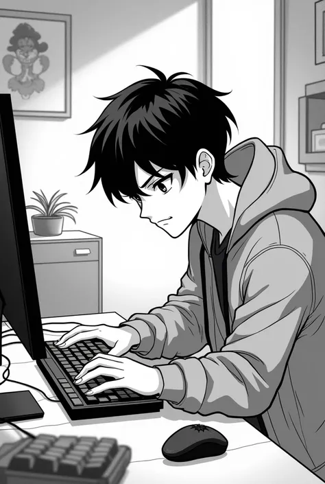 handsome nineteen year old boy with very thick black hair in manga style (black and white style) he plays on the computer in his room