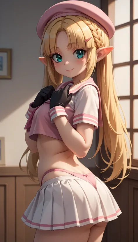 High resolution, Very detailed, perfect lighting, beautiful detailed eyes, ((masterpiece,Best Quality)), absurdities, alone, princess zelda, by the width, crown braid, Hair clip, pointy ears, Gloves without fingers, black gloves, smile, curves, nod, , deep...