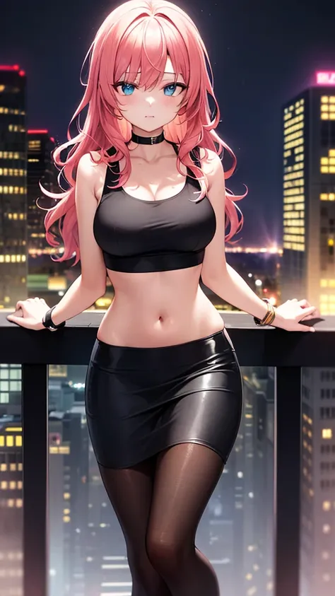 masterpiece, best quality, highres, high detail, beautiful woman, wavy hair, (pink hair), (blue eyes), ((blue tank top crop top)), ((black midi pencil skirt)), long black pencil skirt, ((black skirt)), leather boots, wearing headphones, bracelets, looking ...