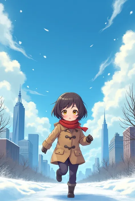 Dark brown hair，Short and delicate hair，By Bangs，Yellow eyes，cute，Teenage Girl，Winter Clothing，Background City，Blue sky and white clouds，run，The proportion of people in the painting is relatively small