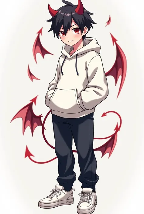 Anime handsome demon boy white hoodie black pant white sneakers 