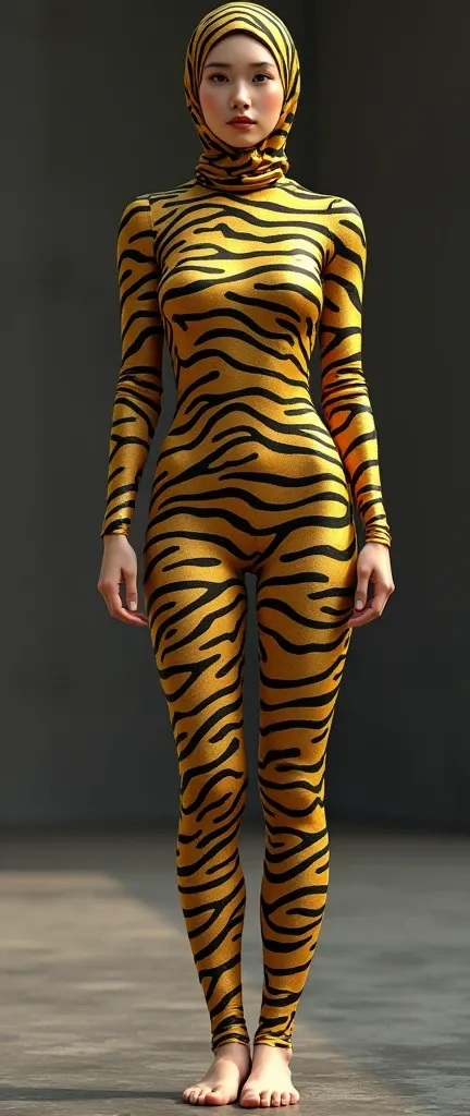 A most beautiful and thin 22 years old Asian muslimah girl wears golden zebra print Lycra turtleneck unitard catsuit covered with black zebra patterns.She always wear golden zebra print Lycra dancewear hijab.She has beautiful cheeks on her face.