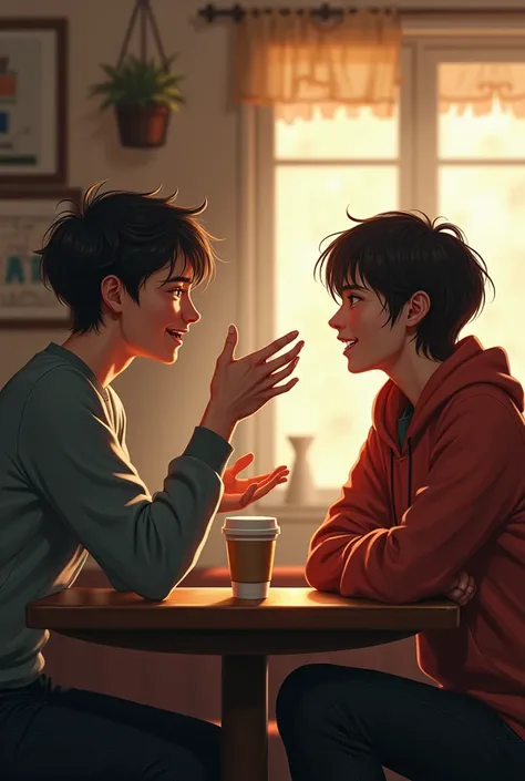 Give me a image where two person is having a conversation while one is talking and doing hand gestures while ither is patiently and actively listening and his head is little bit tilted it shows that he is fully into the conversation and is paying attention...