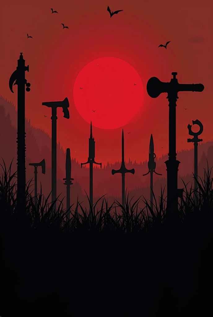 Make a background with the shadow of various weapons and things emerging from black grass that matches the TV series The Last of Us. The palette is red and black.