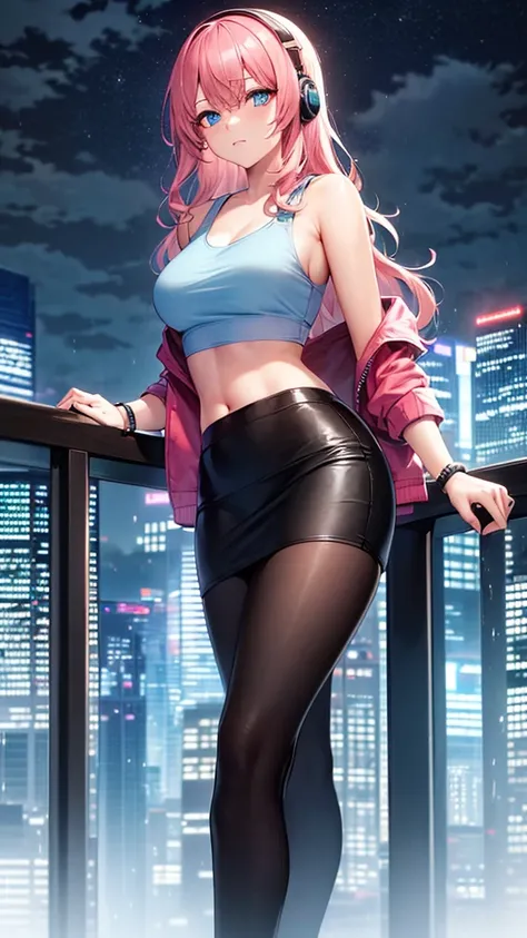 masterpiece, best quality, highres, high detail, beautiful woman, wavy hair, (pink hair), (blue eyes), ((blue tank top crop top and jacket)), ((long black skirt)), pencil skirt, leather boots, wearing headphones, bracelets, looking at viewer, rainy backdro...