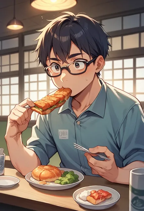 An anime guy with glasses is eating takoyaki in a Japanese restaurant.