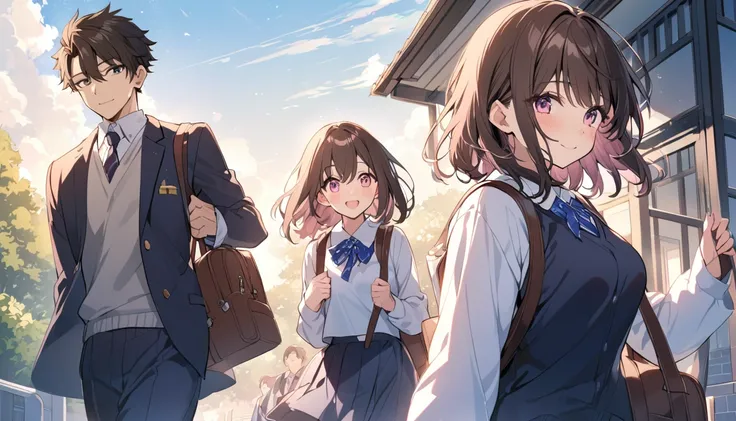 good looking,high school student,1 male,1 female,Medium Hair, Dark brown hair, Pink highlights on the tip, Pale pink eyes,Smile Facial,Blue Sky Morning,Light of the sun,seihuku,Going to school