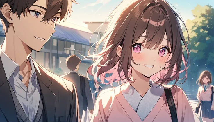 good looking,high school student,1 male,1 female,Medium Hair, Dark brown hair, Pink highlights on the tip, Pale pink eyes,Smile Facial,Blue Sky Morning,Light of the sun,seihuku,Going to school