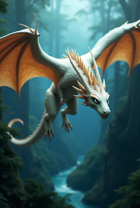 A dragon with white scales and bronze under belly and blue eyes in a flying psea background of a dark forest