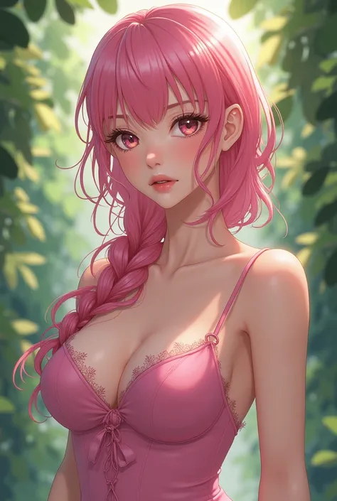 hot anike girl like sakura from naruto with big boobs and in pink dress