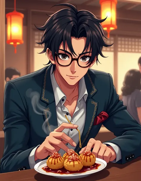 A handsome anime man wearing glasses is sitting and eating takoyaki.