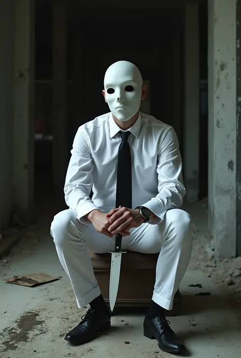 A man holding a knife Wearing white fit shirt, black tie, white fit pant, whte mask sitting on chair in construction room 