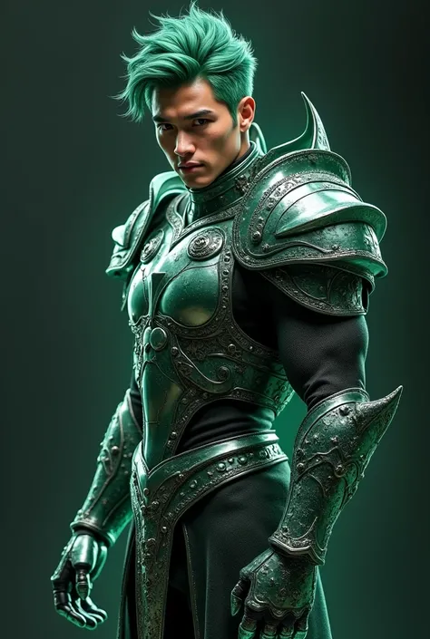 full body 3d HDR  photorealistic ultra realism high definition aesthetic stabilized diffusion picture of handsome hunky Warrior Pluto , green hair ,in Dark gray crystal transparent sparkling shiny crystal glass chrome outfit armor,,look at camera, detailed...