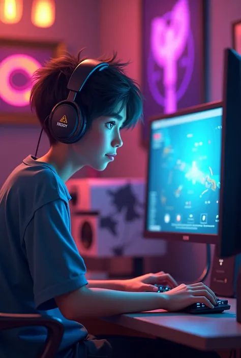 A free fire male character and playing games on computer and her room is a gaming room she looks very cute and she is looking at me