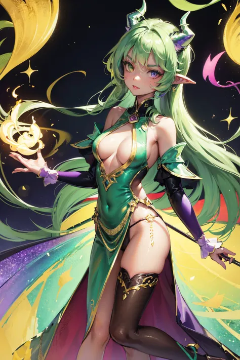 prismatic coloration, holographic environment, young African-American girl, Black skin, Beautiful, elven ears, Serious expression, Gentle smile, ponytails, leaf green hair, Heterochromia with deep green & Gold eyes, C-cup, lithe, fit, Modest-attire, full-b...