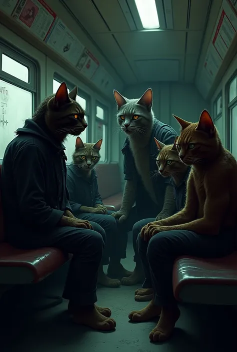 ## Scene 2: The Plot Thieves
* **Prompt:** "A group of shadowy, sinister-looking cats huddled together in a train compartment. Their leader, a tall, lanky cat with a crooked grin and narrow eyes, stands out, his gaze fixated on a muscular cat sitting a few...