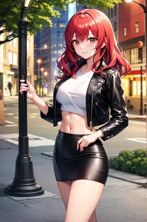 masterpiece, best quality, highres, high detail, beautiful woman, wavy hair, red hair, ((white cropped t-shirt and leather jacket)), (black midi pencil skirt), midriff, boots, looking at viewer, light smile, spring garden, city street, sidewalk, street lam...