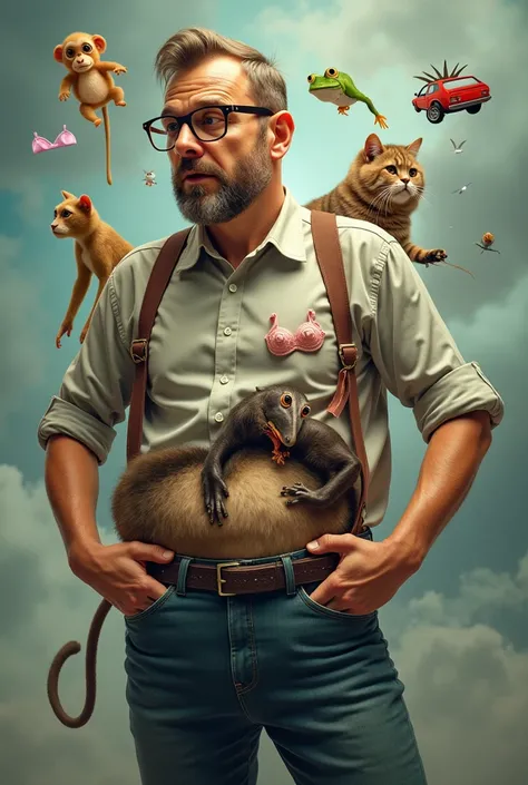 Man taking away a monkey, a bra, one cat, A frog, a car, and a tapir from your pocket 