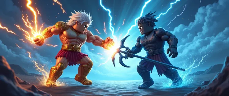 Zeus shooting lightning in the dark as a roblox character at Poseidon who is also a roblox character poseidon uses his trident on zesu (add text of the art saying Gods Of RNG and make it match the background)
